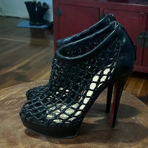 Christian Louboutin Coussin 140 caged ankle bootie in black woven leather